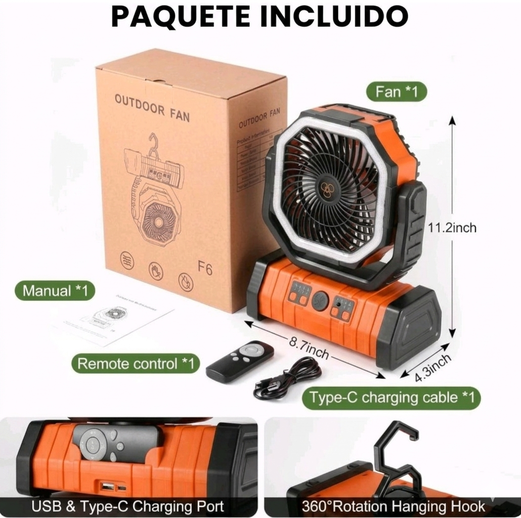 PMIAU F6 20,000mAh Portable Camping Fan with LED Light, Remote & Power Bank