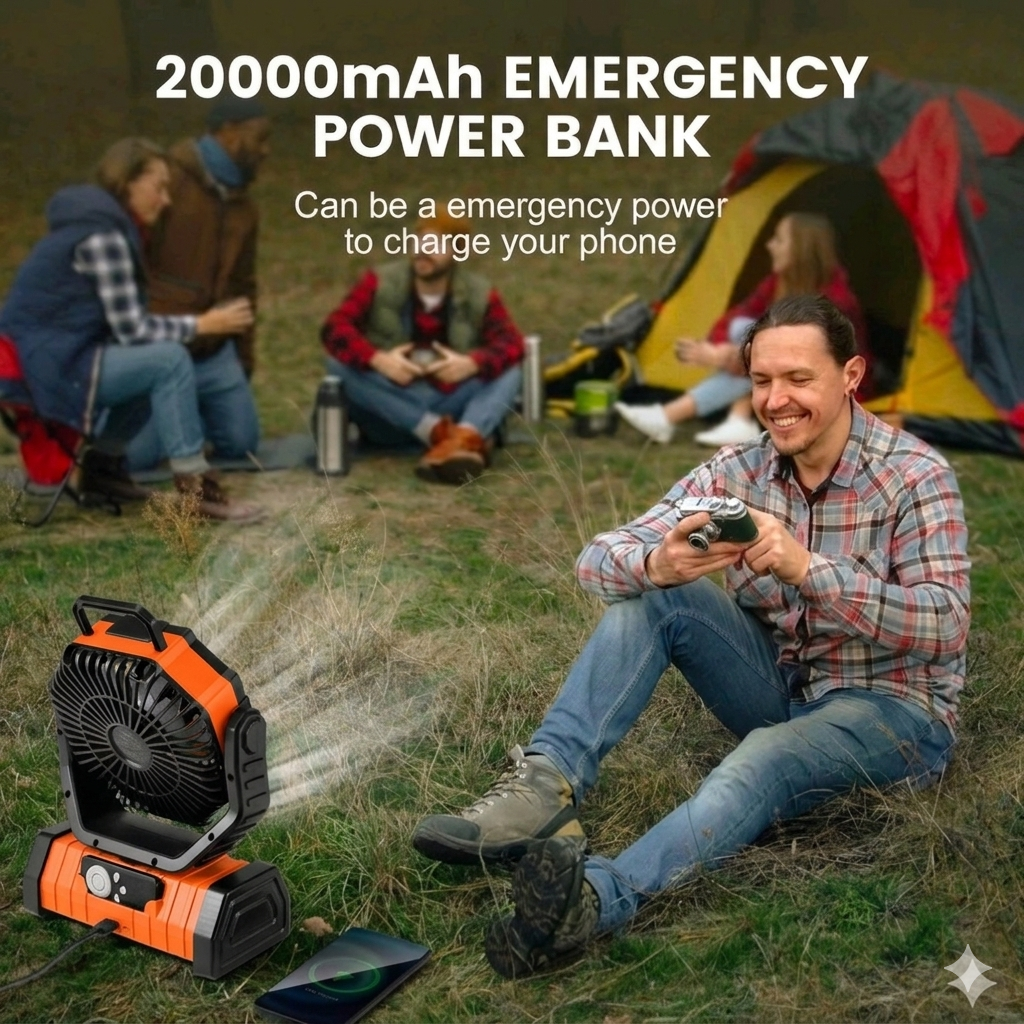 PMIAU F6 20,000mAh Portable Camping Fan with LED Light, Remote & Power Bank