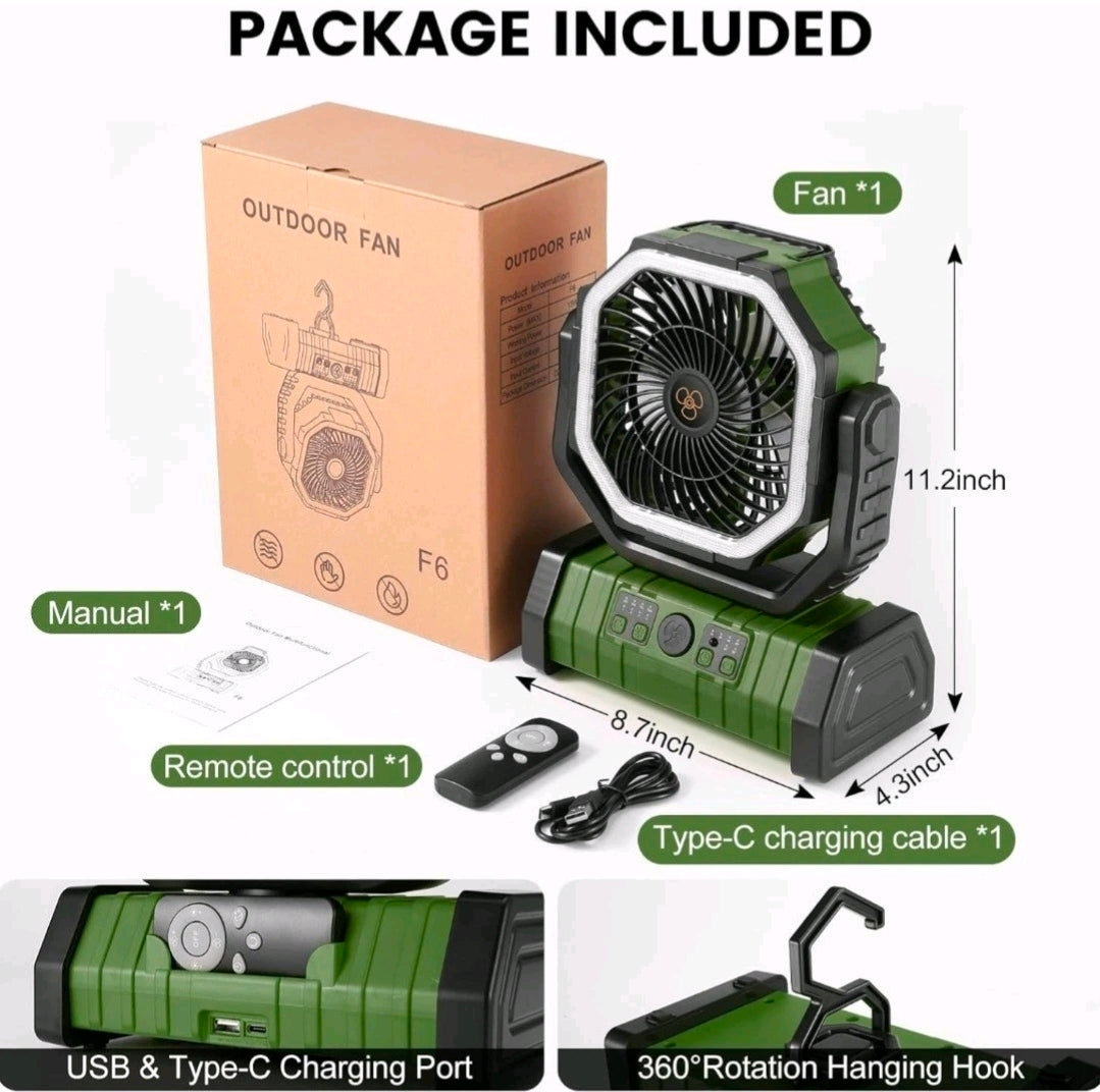 PMIAU F6 20,000mAh Portable Camping Fan with LED Light, Remote & Power Bank